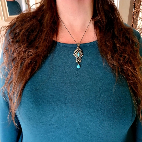 East of India Boho Turquoise Faux Bronze Pendant Crystal Gemstones Necklace - Picture 3 of 12